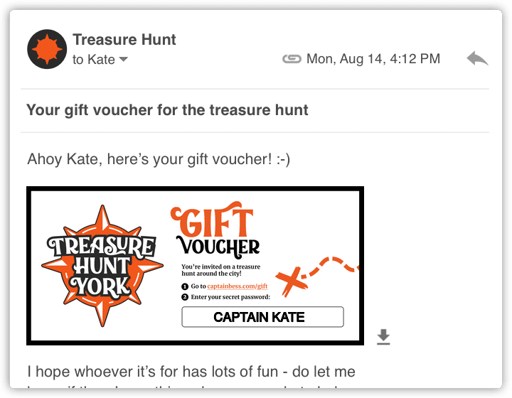A screenshot of an email containing a digital gift voucher for Treasure Hunt York.